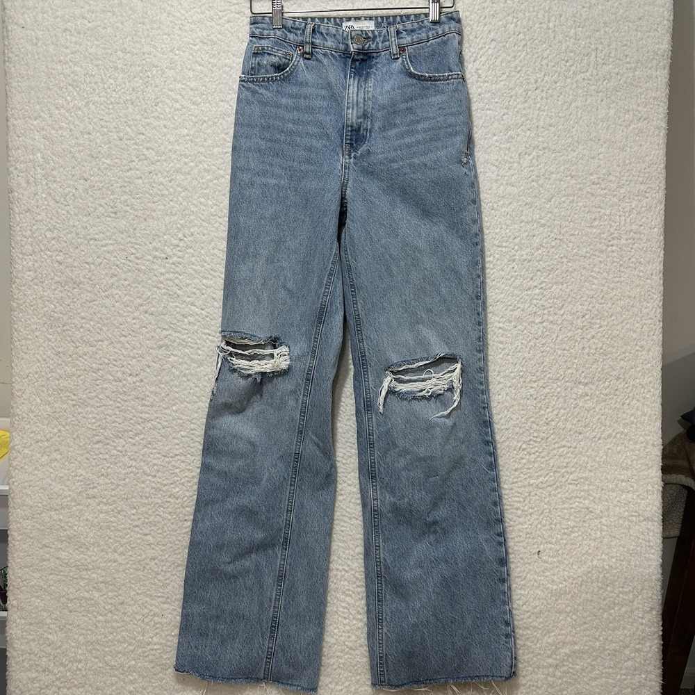 Zara Jeans Womens Blue Light Wash Cotton Wide Leg Fit Denim Distressed Sizeβ 4